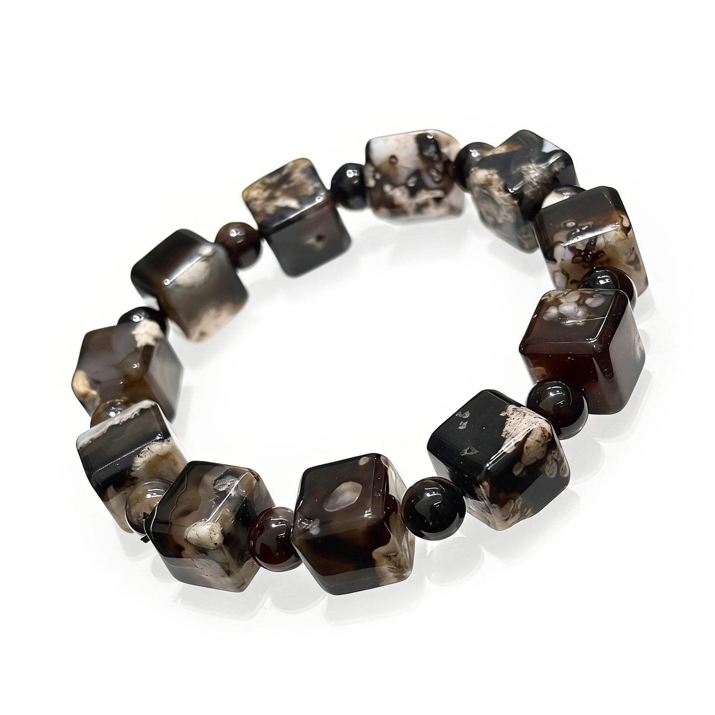 Natural Black Sakura Agate Cube Bangle Bracelet, 18cm length, unique pattern stone, unisex spiritual jewelry.