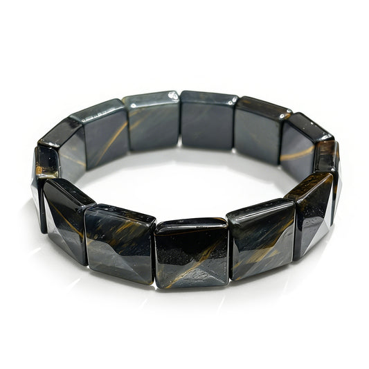 Natural Blue and Yellow Tiger Eye Faceted Rectangle Bangle Bracelet - 18cm Elastic Stretch - Square Stone Beads