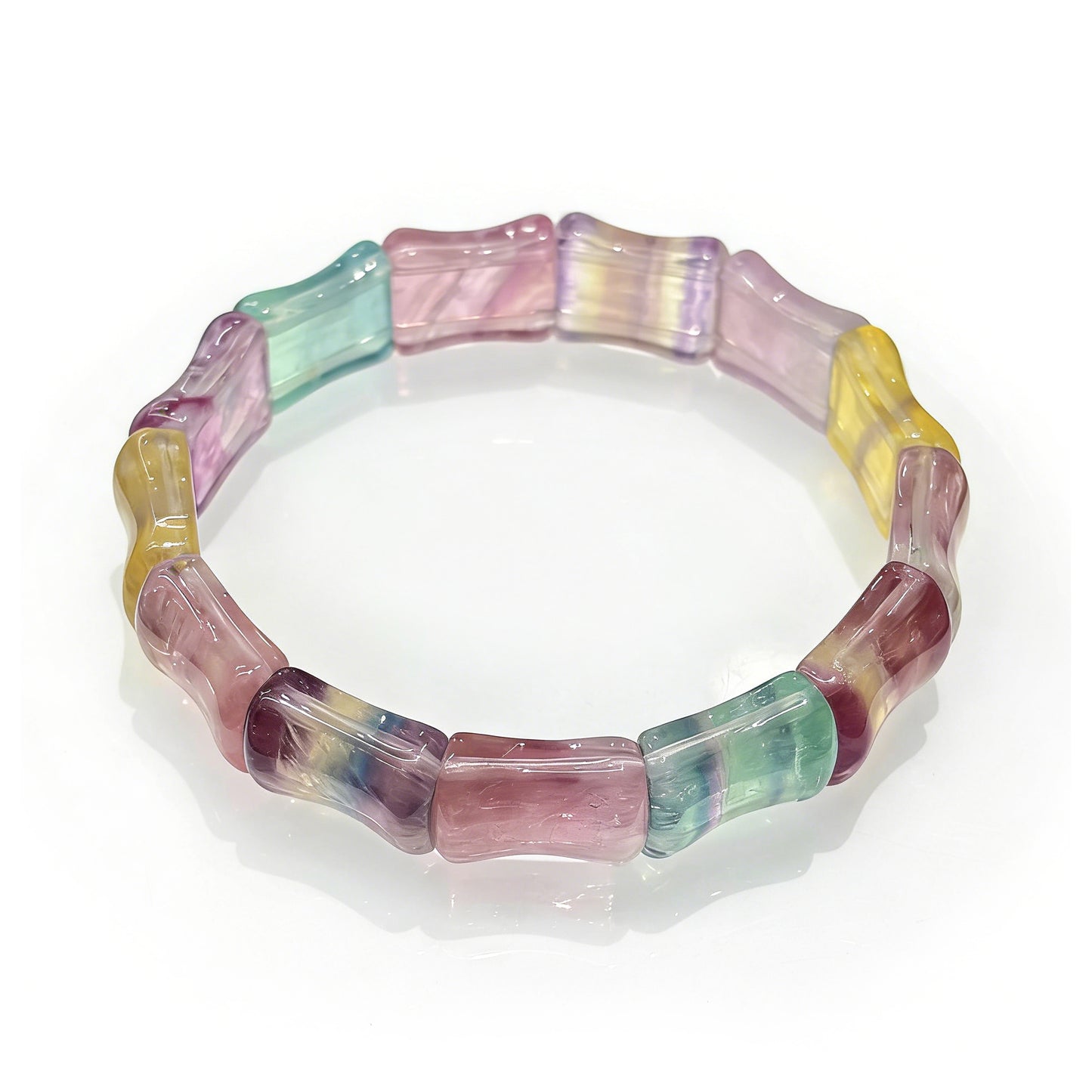 Natural Colorful Fluorite Bamboo Bead Bangle Bracelet, 18cm stretch, 13x16mm beads, vibrant purple green yellow pink hues, stackable boho style