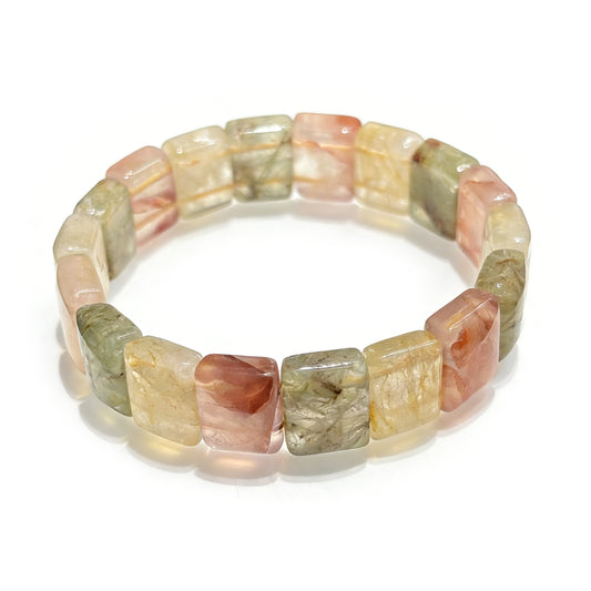 Natural Colorful Rabbit Fur Rutilated Quartz Bangle Bracelet, 18cm Elastic Stretch, Unique Pattern Stone, Cute Boho Jewelry, Bestie Souvenir Gift