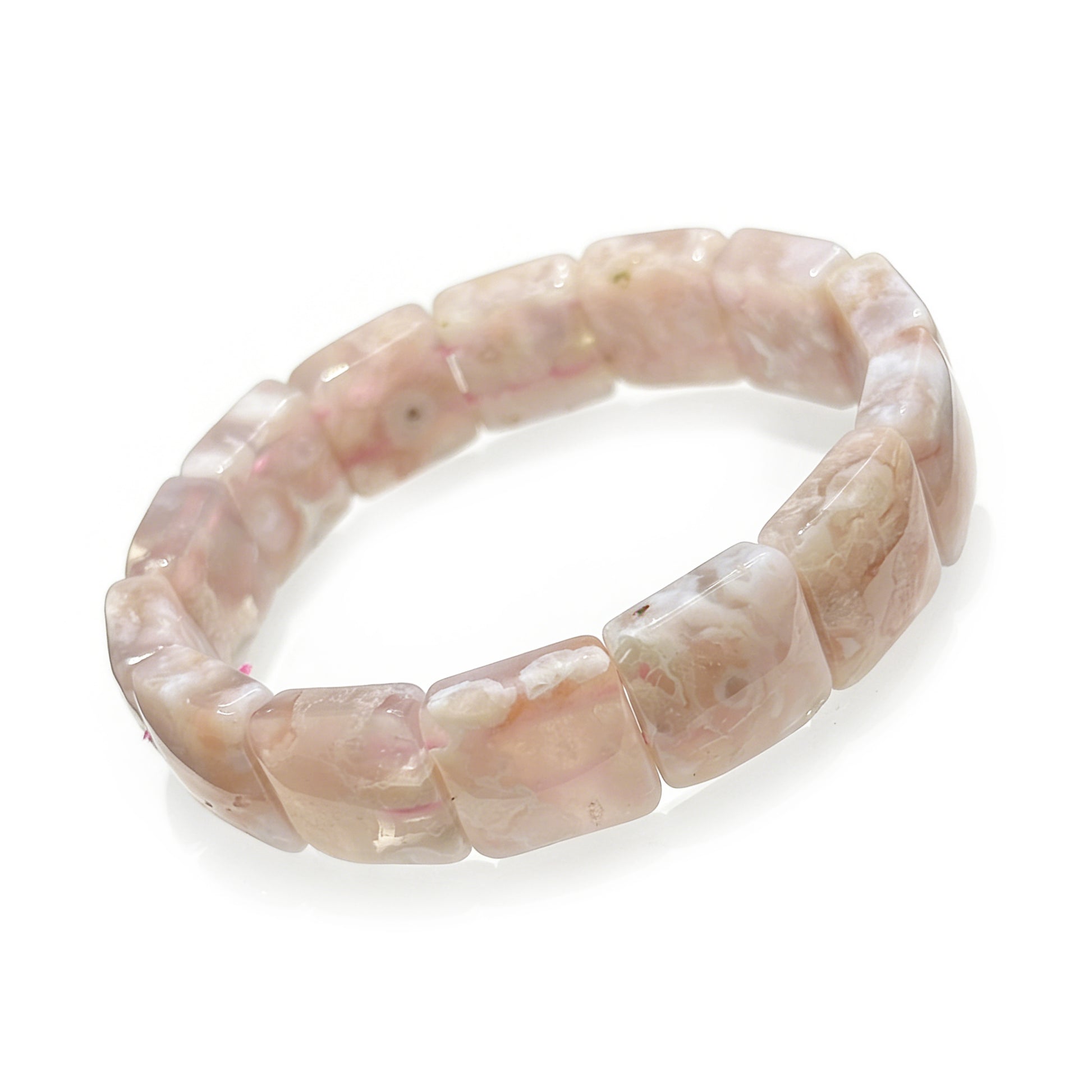 Natural pink and white flower agate square bead bangle bracelet for women.