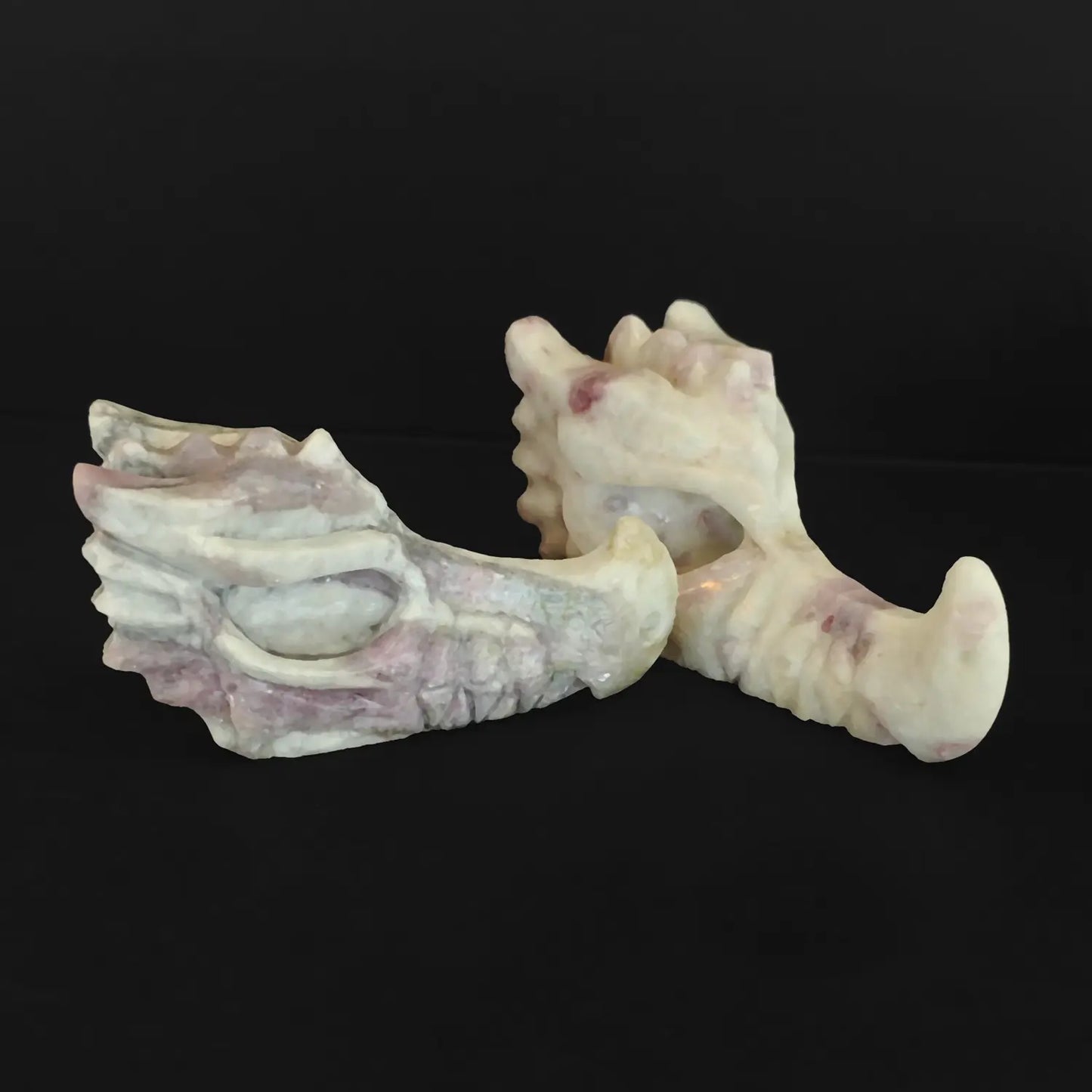 Pair of natural flower tourmaline dragon head carvings showcasing intricate mineral textures on black background