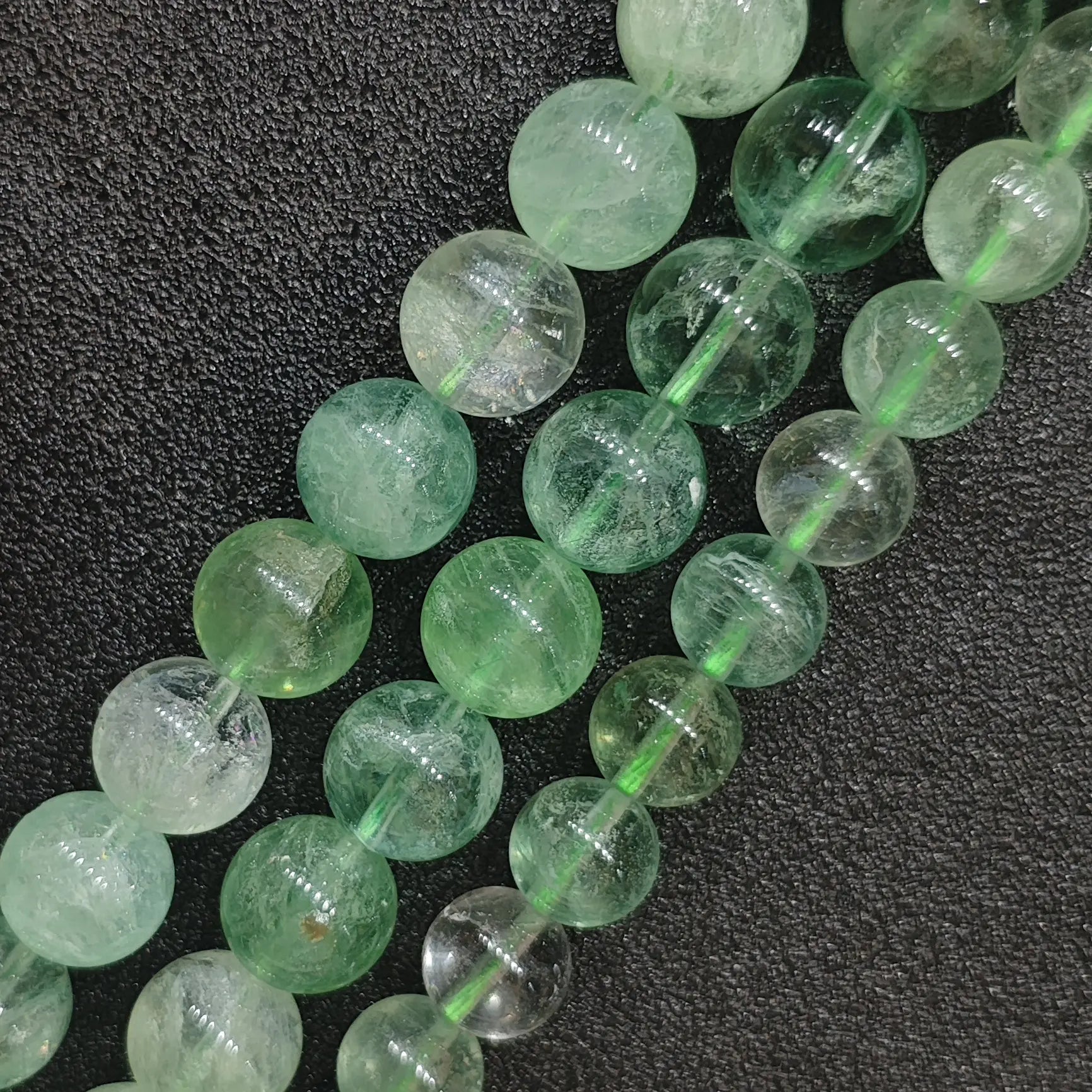 Grade B natural green fluorite round loose beads strands with visible natural internal cotton inclusions and ice cracks for rustic crystal jewelry making wholesale
