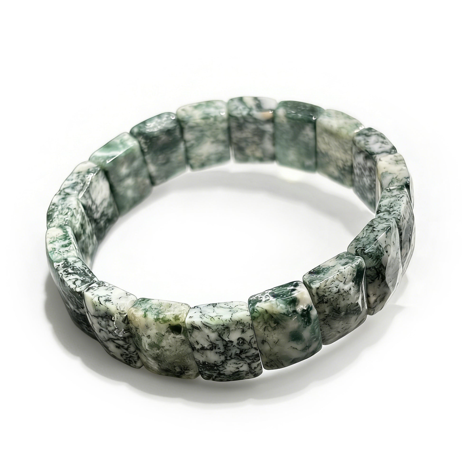  A high-quality natural green moss agate bamboo bracelet featuring green and white inclusions on an elastic band, perfect for stackable jewelry.