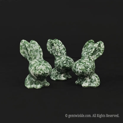 Multiple views of natural green snowflake jasper rabbit statues in 4cm size for low MOQ boutique inventory replenishment