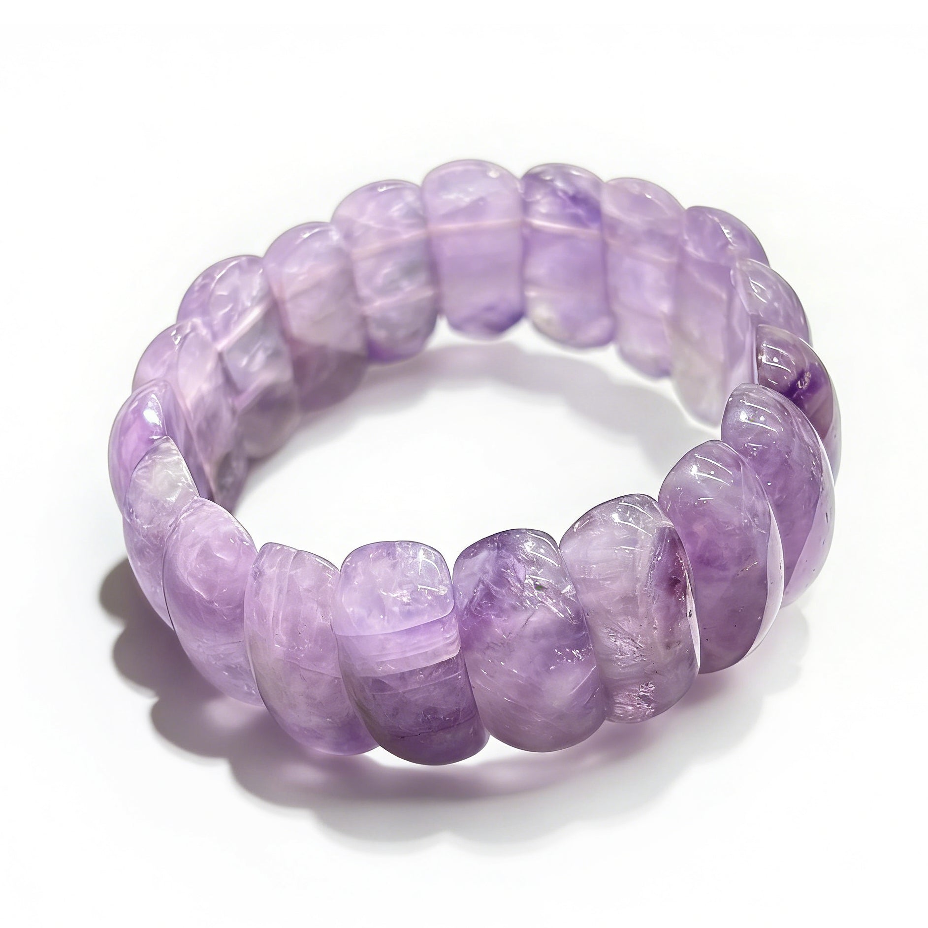 Natural Lavender Amethyst Moon Bead Bangle Bracelet, 17cm stretch, 23x10mm beads, soft purple crystal jewelry