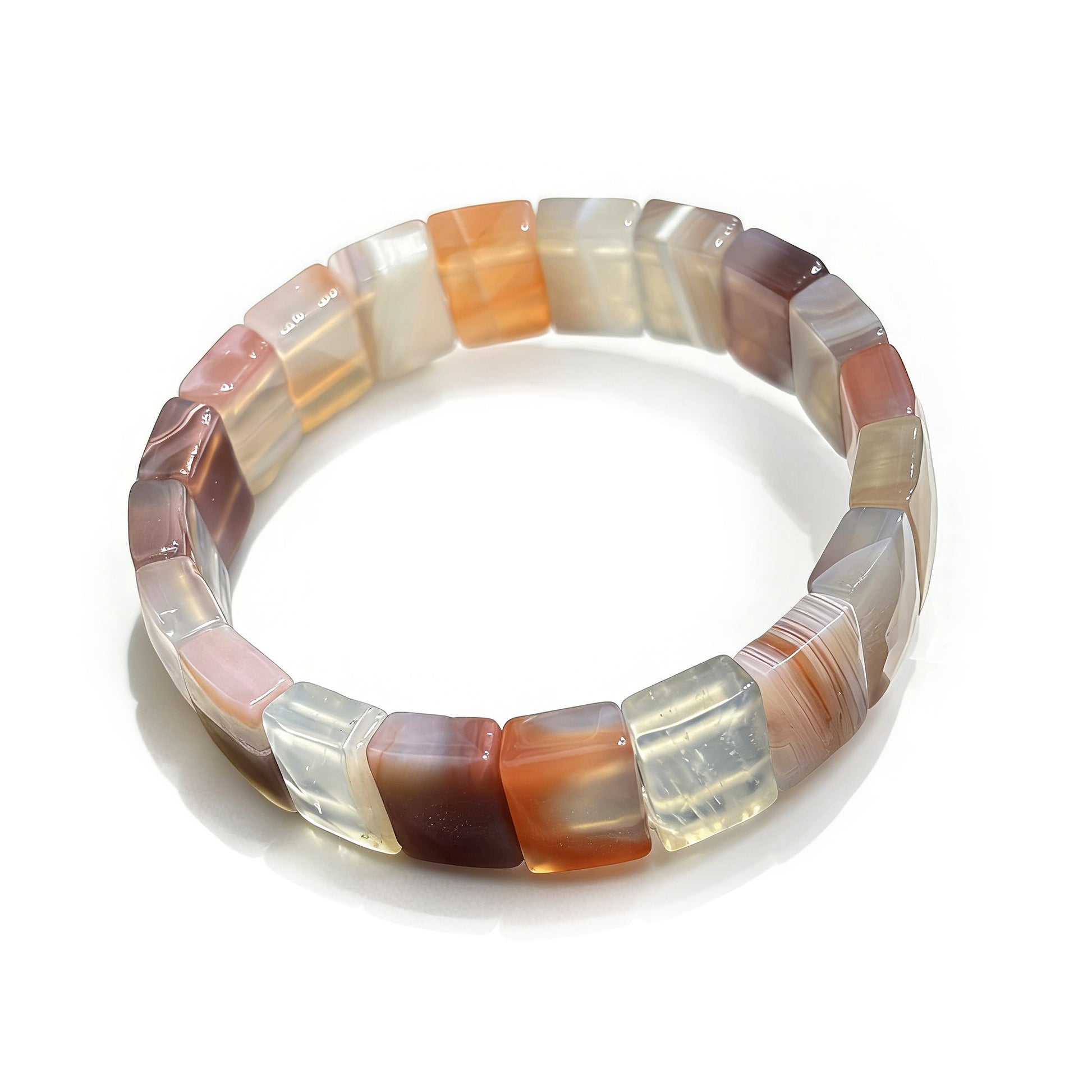 Natural Multi Color Agate Cube Bangle Bracelet on White Background - Rectangle and Oval Bead Mix - 18cm Elastic Stretch - Lovely Boho Jewelry