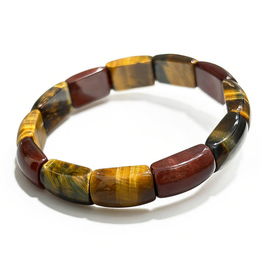 Natural Multicolor Tiger Eye Bangle Bracelet, 17cm stretch square bead, showcasing the 3-color chatoyancy and smooth finish.