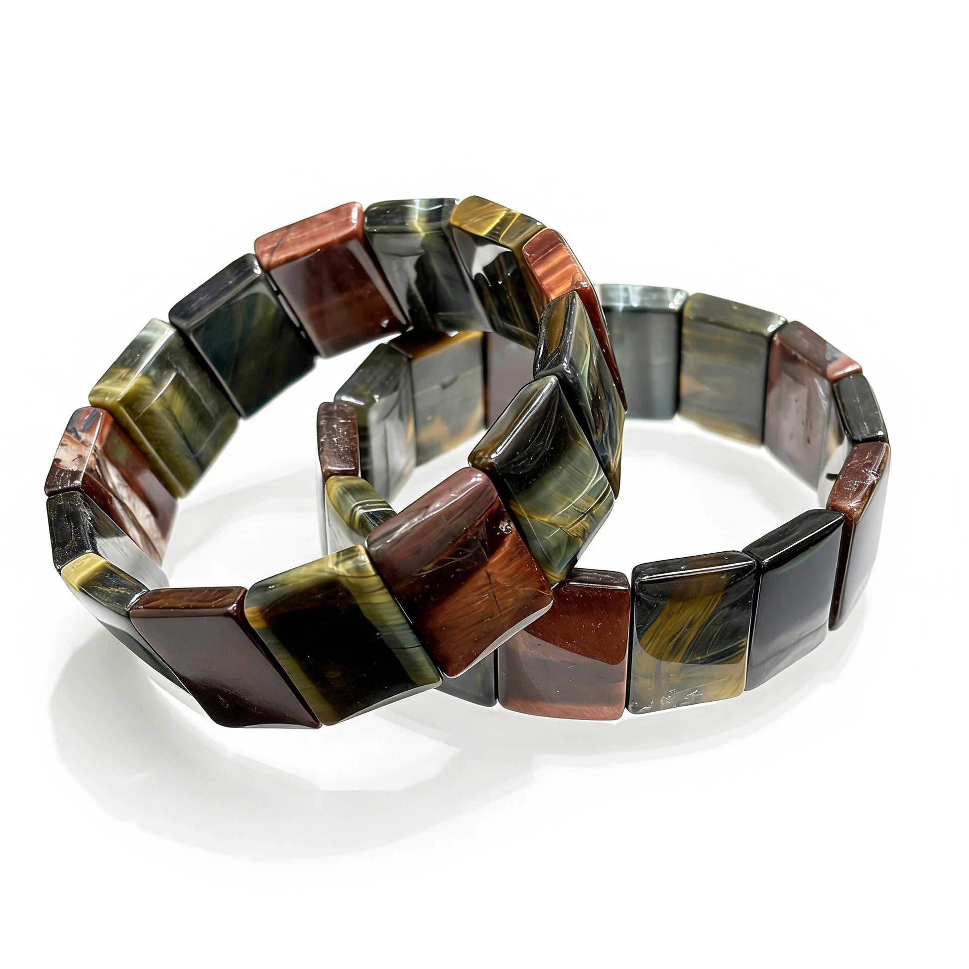 Natural Multicolor Tiger Eye Bracelet with 20x15mm Rectangular Square Beads, Elastic Stretch Bangle