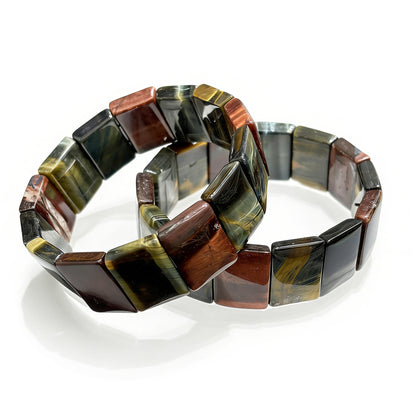 Natural Multicolor Tiger Eye Bracelet with 20x15mm Rectangular Square Beads, Elastic Stretch Bangle