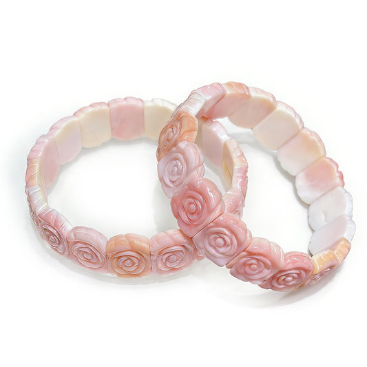 Natural Pink Conch Shell Carved Rose Bangle Bracelet