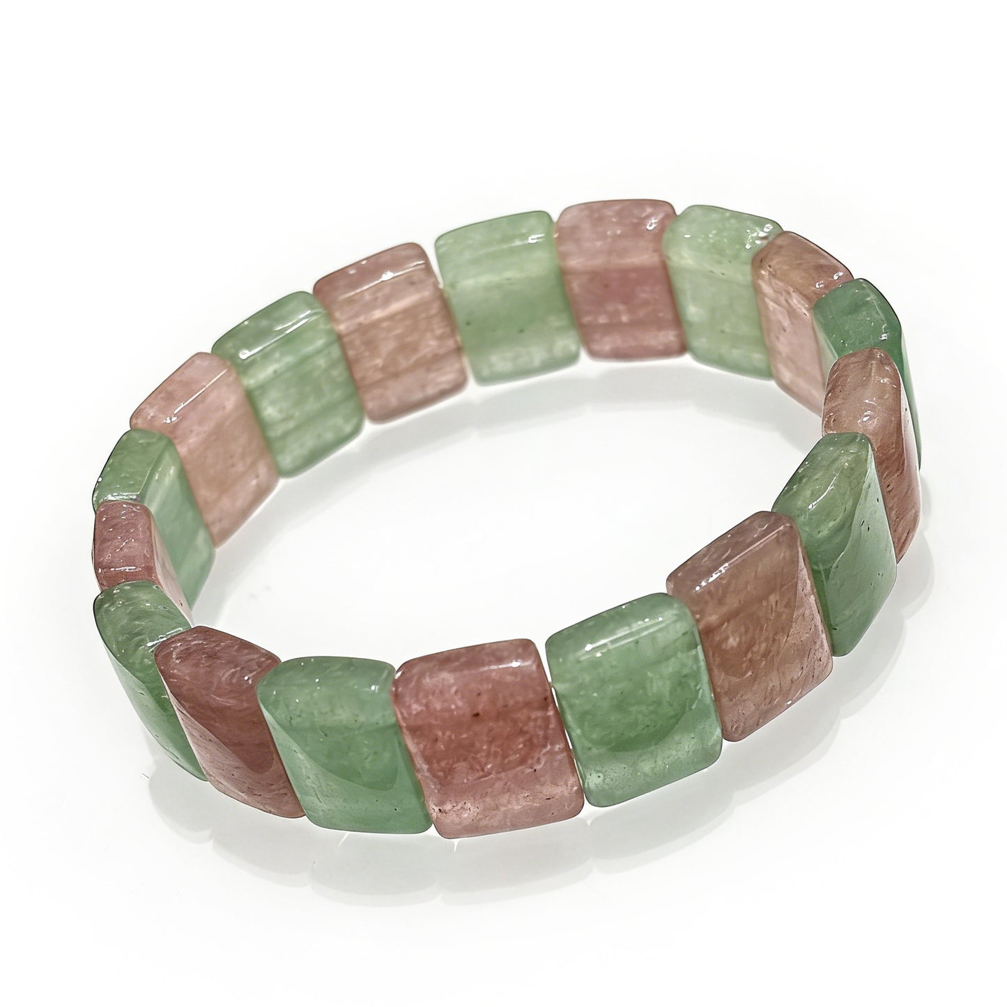 Natural Pink & Green Strawberry Quartz Bangle Bracelet, 17cm stretch, 15x10mm square beads, showcasing the vibrant dual-color pattern on a white background.