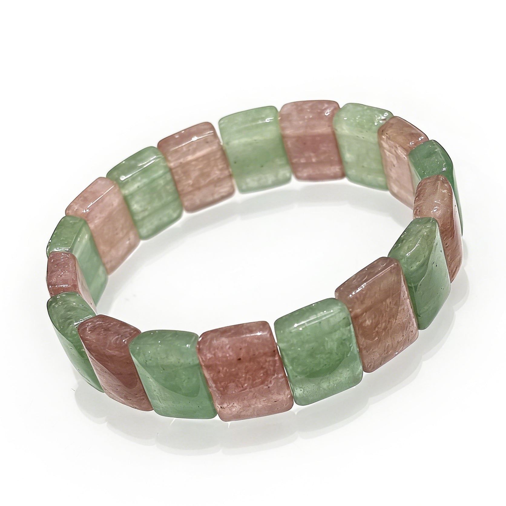 Natural Pink & Green Strawberry Quartz Bangle Bracelet, 17cm stretch, 15x10mm square beads, showcasing the vibrant dual-color pattern on a white background.