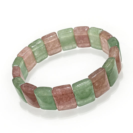 Natural Pink & Green Strawberry Quartz Bangle Bracelet, 17cm stretch, 15x10mm square beads, showcasing the vibrant dual-color pattern on a white background.