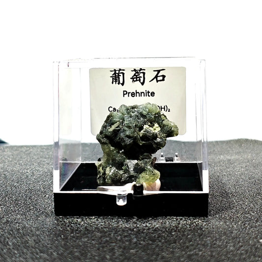 Natural green botryoidal prehnite mineral specimen mounted in 9cm clear acrylic display box with label