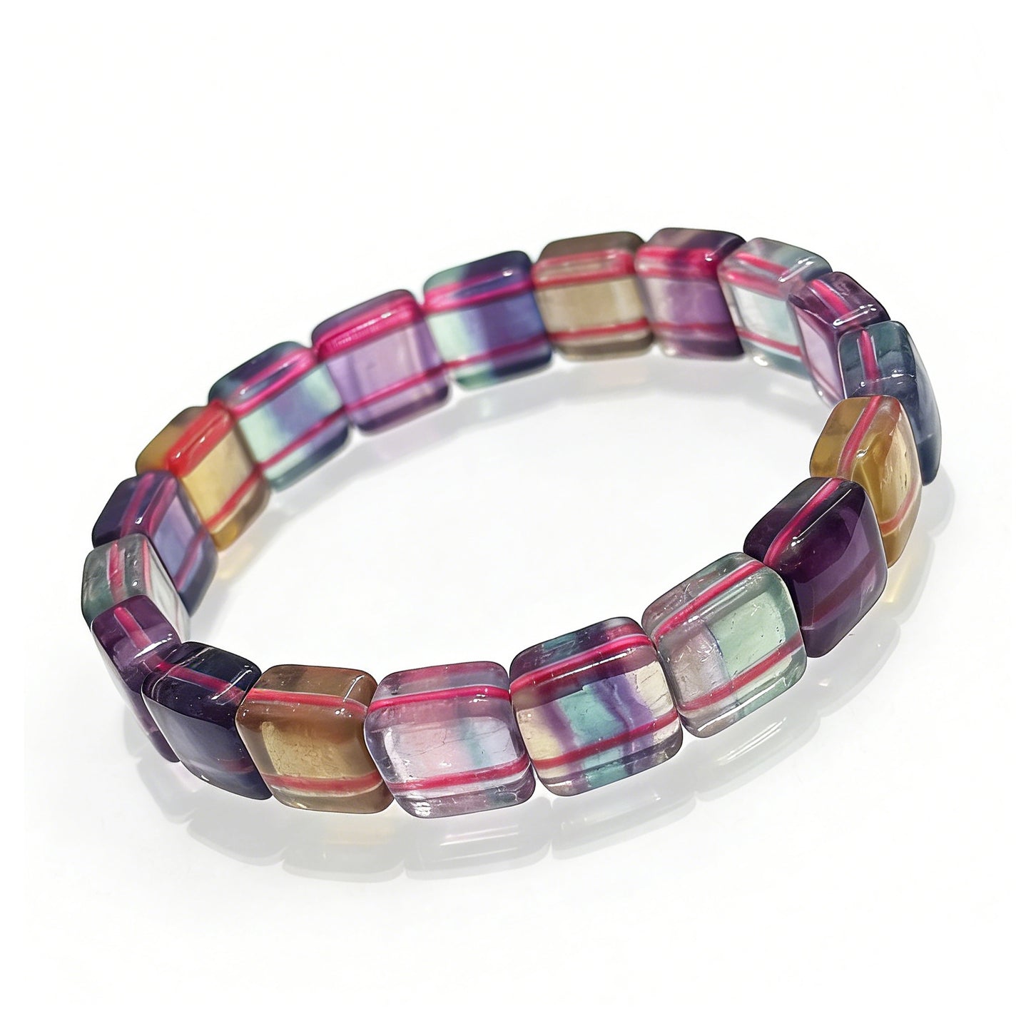 Natural Rainbow Fluorite Square Bead Bangle Bracelet, 18cm stretch, showcasing the multi-colored cube beads and vibrant stripes.