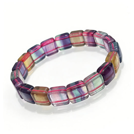 Natural Rainbow Fluorite Square Bead Bangle Bracelet, 18cm stretch, showcasing the multi-colored cube beads and vibrant stripes.
