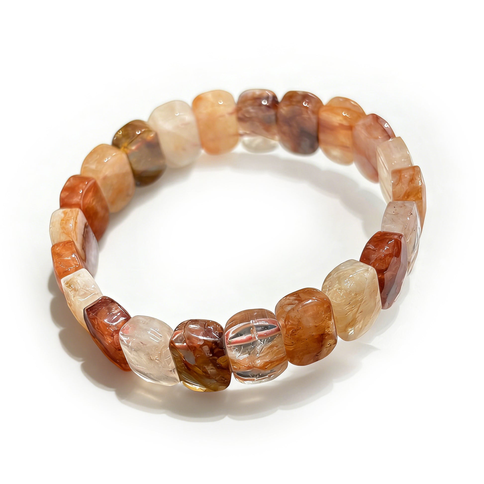 natural red hematoid fire quartz bangle bracelets displayed on a white background, featuring rectangular and oval beads.