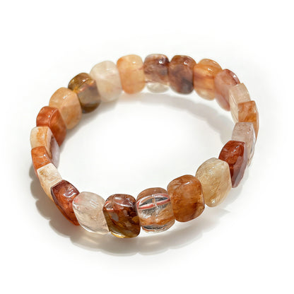 natural red hematoid fire quartz bangle bracelets displayed on a white background, featuring rectangular and oval beads.