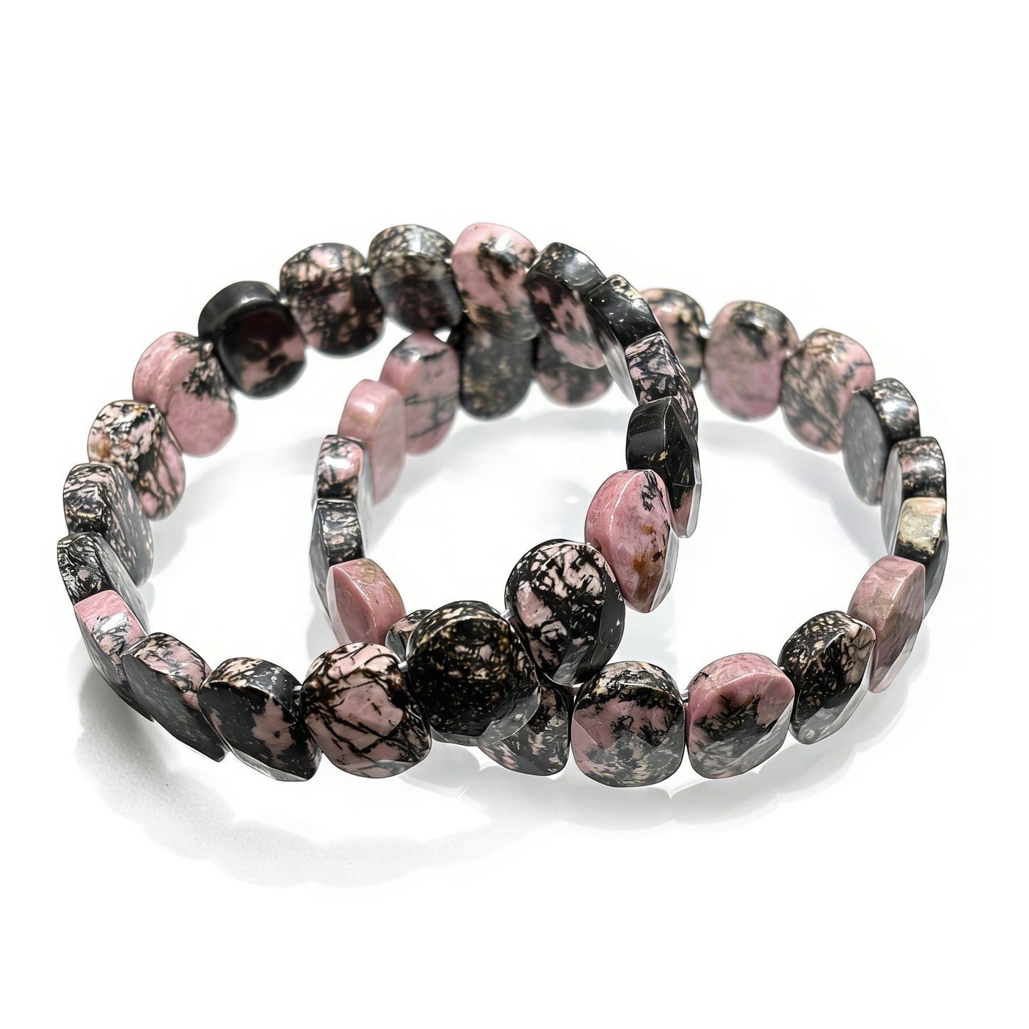 Natural Rhodonite Oval Bead Bangle Bracelet - Detailed View of Pink and Black Stone Pattern