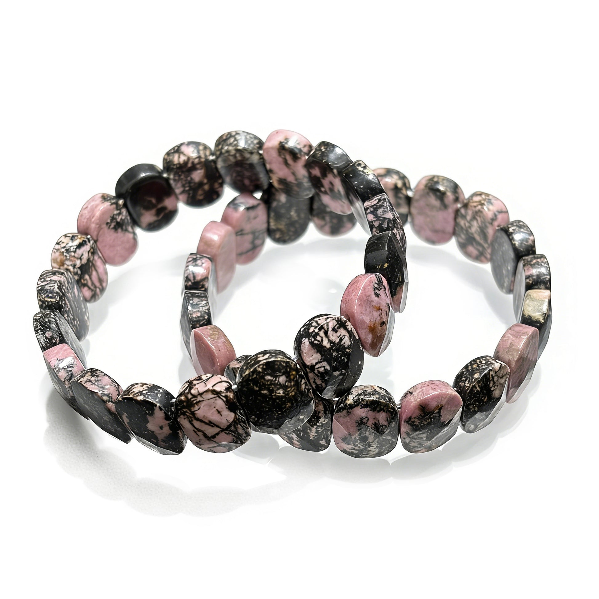 Natural Rhodonite Oval Bead Bangle Bracelet - Detailed View of Pink and Black Stone Pattern