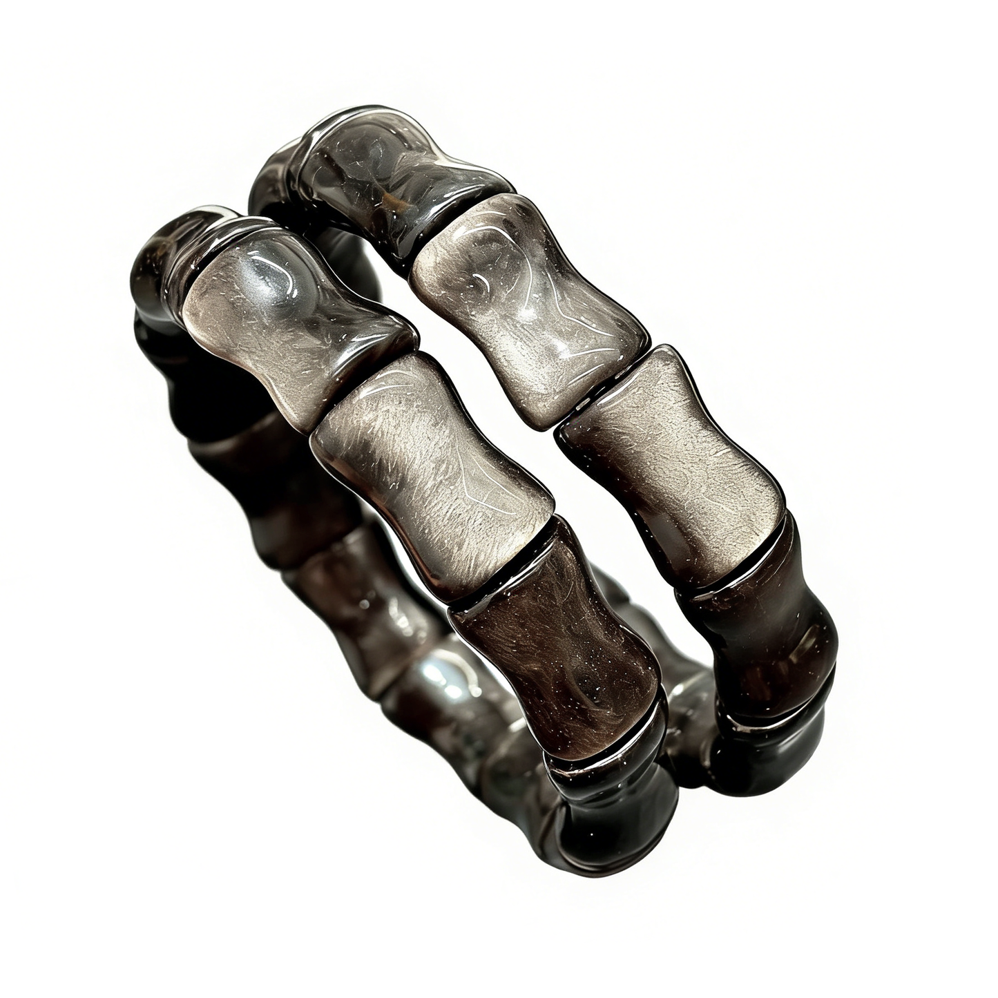 Natural Silver Sheen Obsidian Bamboo Bead Bracelet, 18cm stretch volcanic stone bangle, showcasing the metallic sheen and carved bamboo shape.