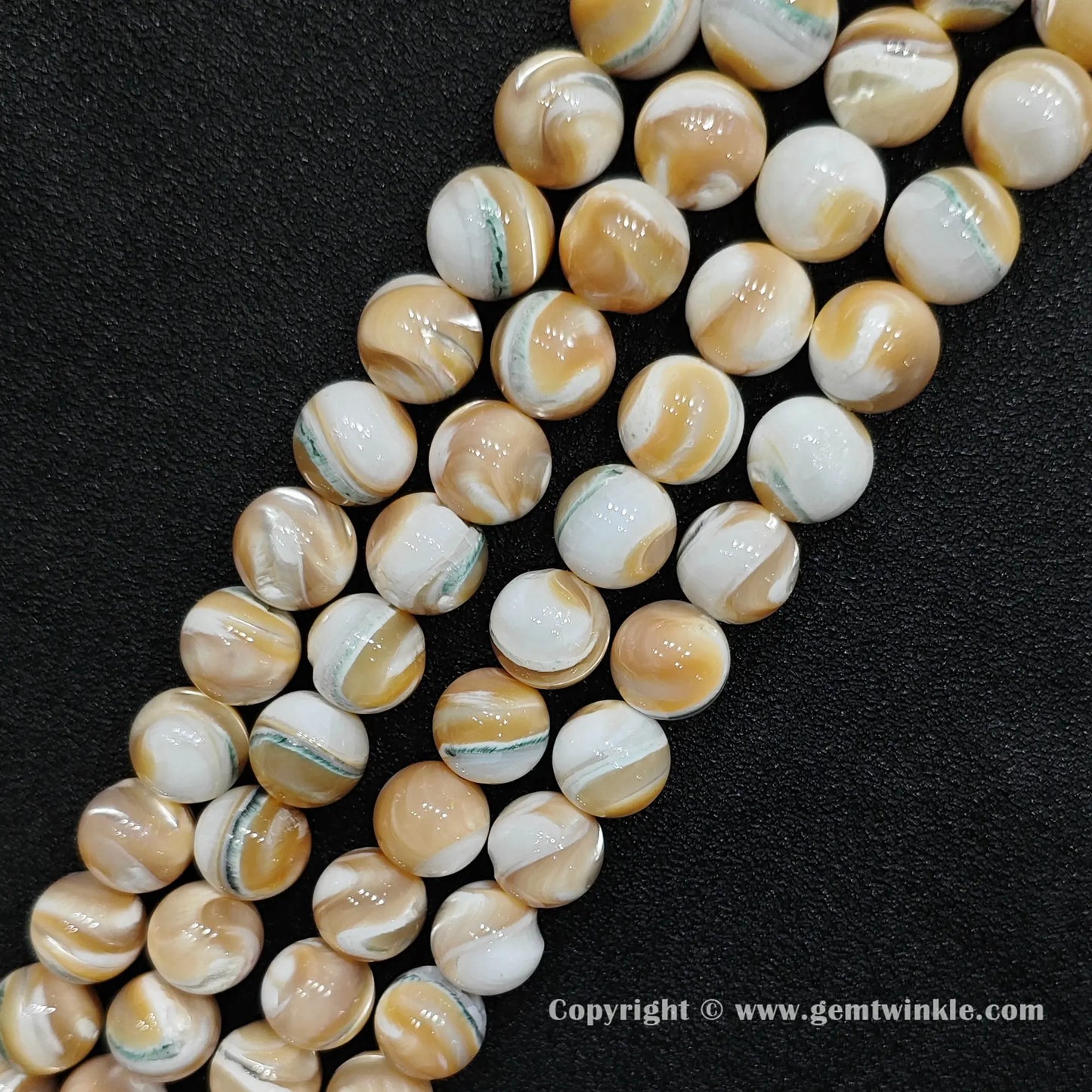 Detailed shot of real polished spiral shell loose beads showing natural gloss and swirl patterns perfect for bracelet making