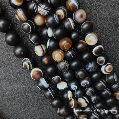standard grade natural stones for jewelry making wholesale displaying frosted round eye agate strands with diverse pattern ratios