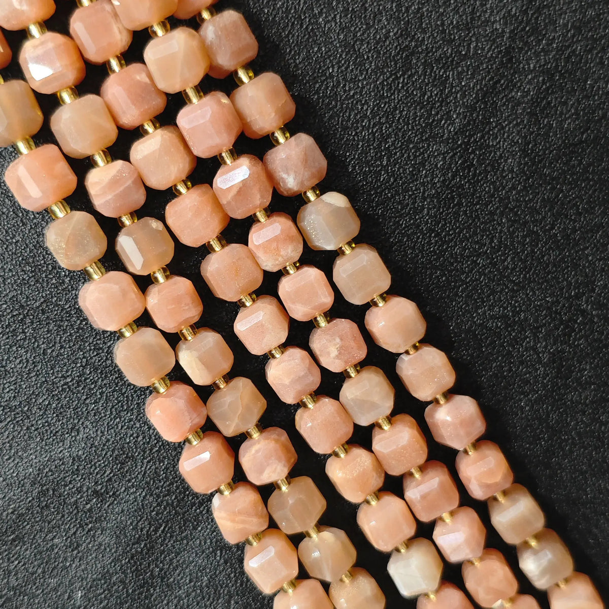 Full strands of natural sunstone square block beads featuring metallic aventurescence sparkle for wholesale buyers