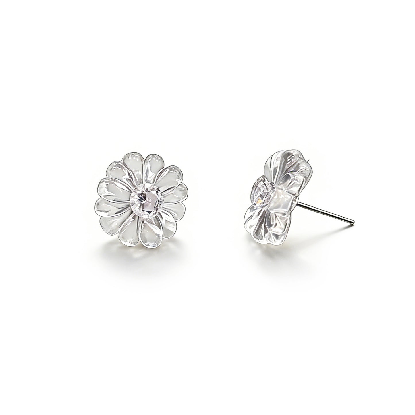 Natural White Crystal Flower Stud Earrings on White Background