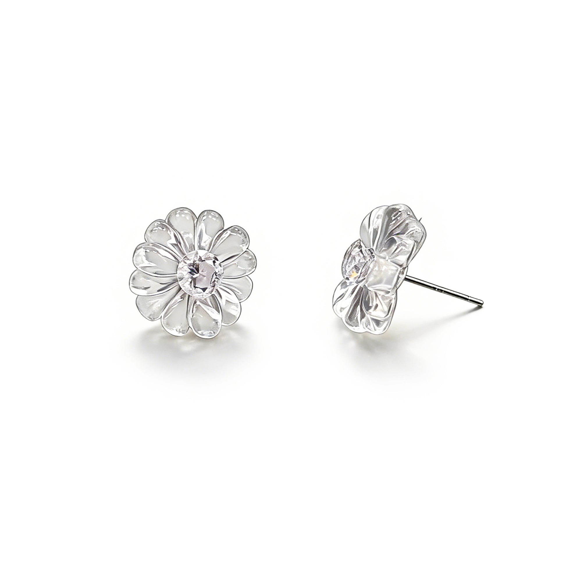 Natural White Crystal Flower Stud Earrings on White Background