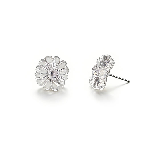 Natural White Crystal Flower Stud Earrings on White Background