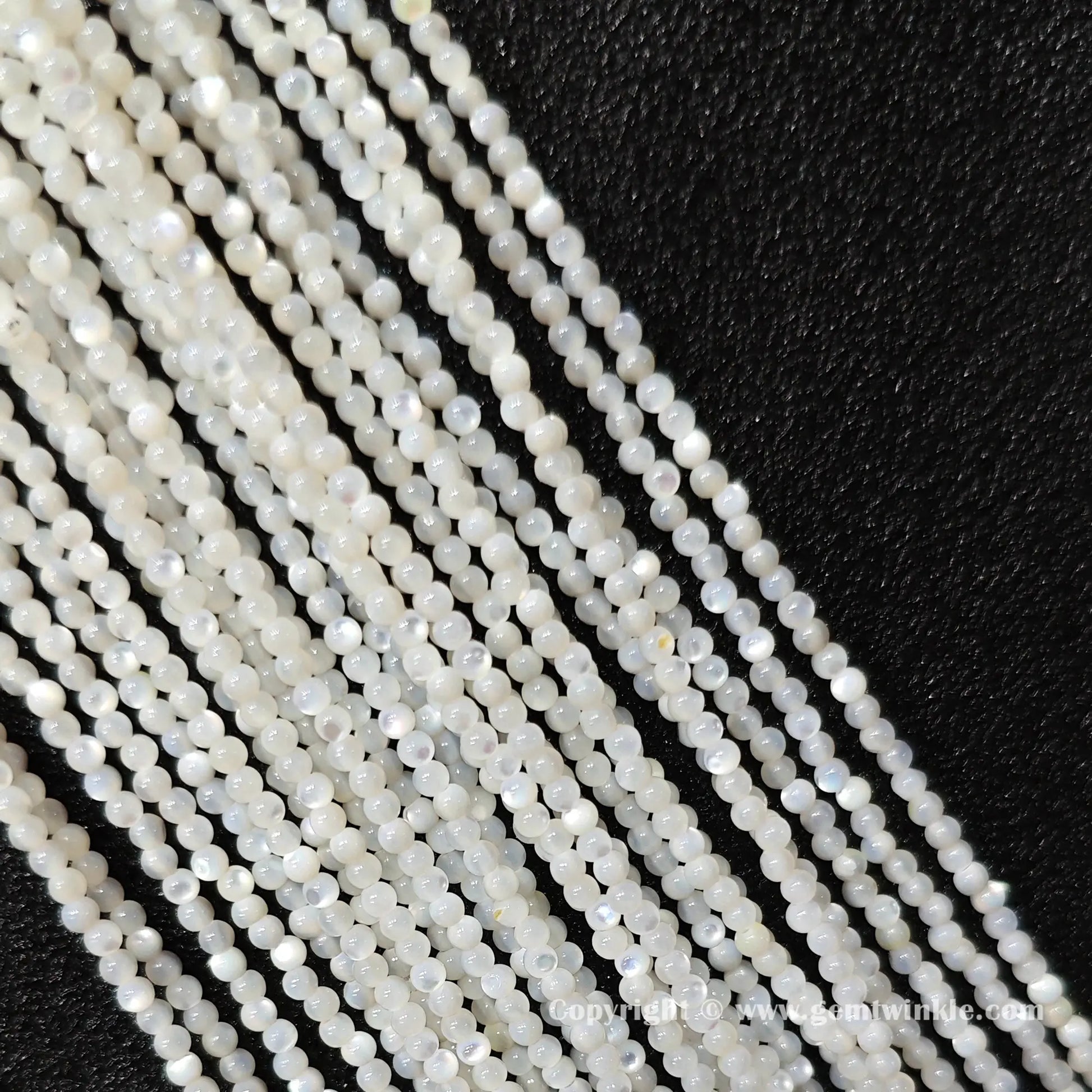Close up detail of small white shell seed strands showing delicate nacre shine