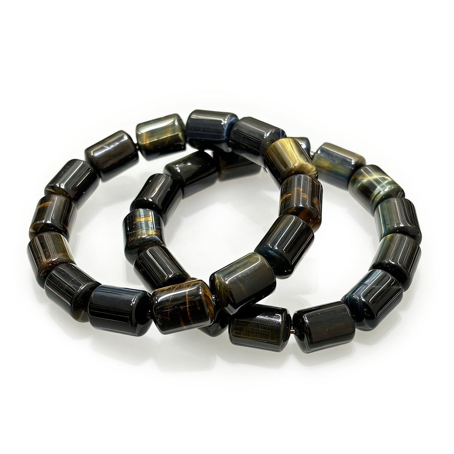 Natural Yellow Blue Tiger Eye Cylinder Bead Bracelet Set, 18cm Stretch, Elegant Boho Jewelry, Lucky Souvenir Gift