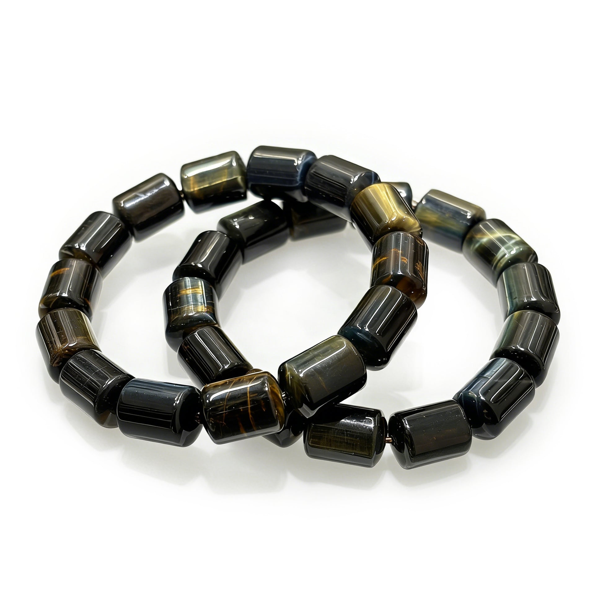 Natural Yellow Blue Tiger Eye Cylinder Bead Bracelet Set, 18cm Stretch, Elegant Boho Jewelry, Lucky Souvenir Gift