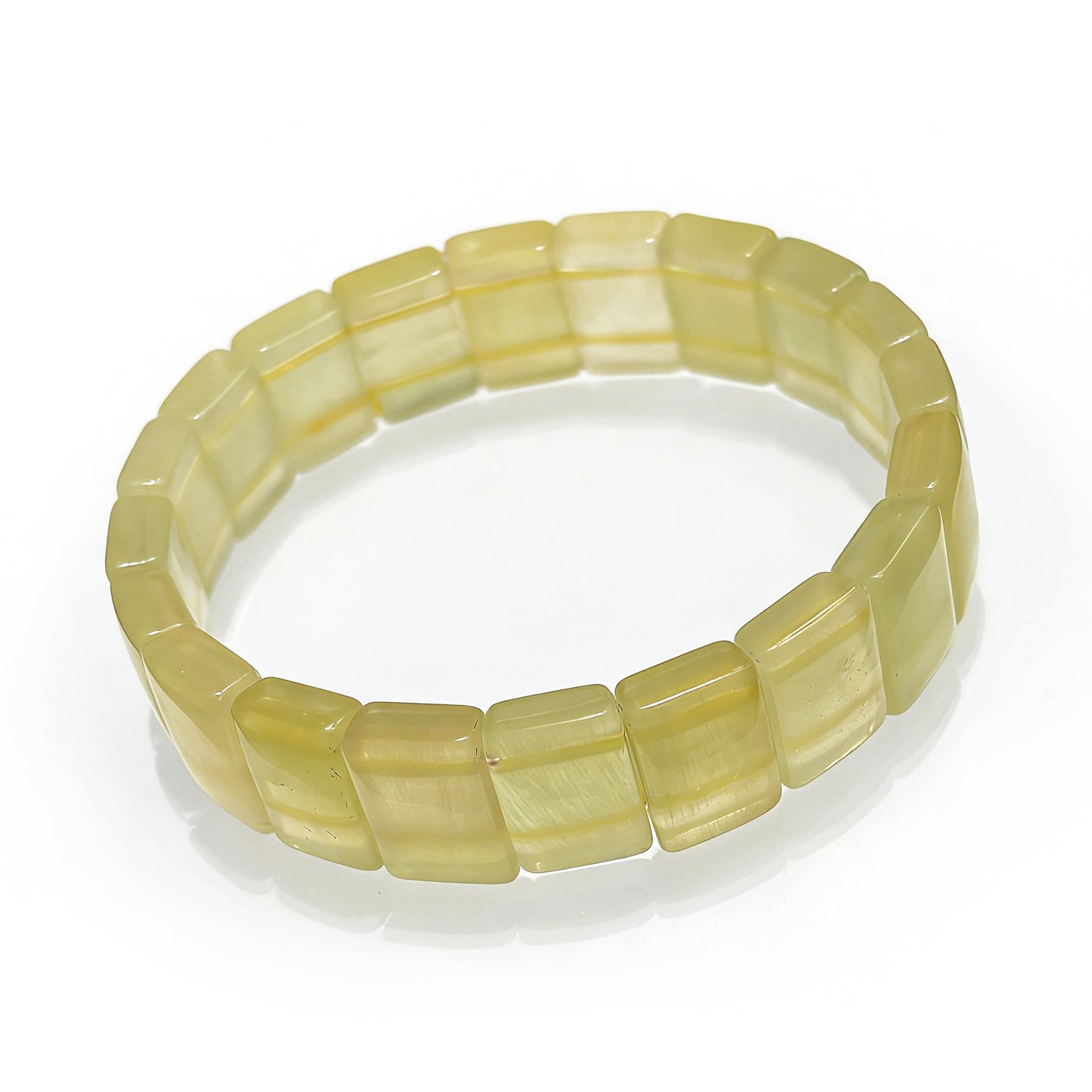 Natural Yellow Fluorite Bangle Bracelet, 18cm stretch, 14x10mm square beads, showcasing the vibrant yellow color and geometric design.