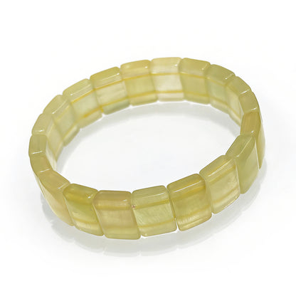 Natural Yellow Fluorite Bangle Bracelet, 18cm stretch, 14x10mm square beads, showcasing the vibrant yellow color and geometric design.