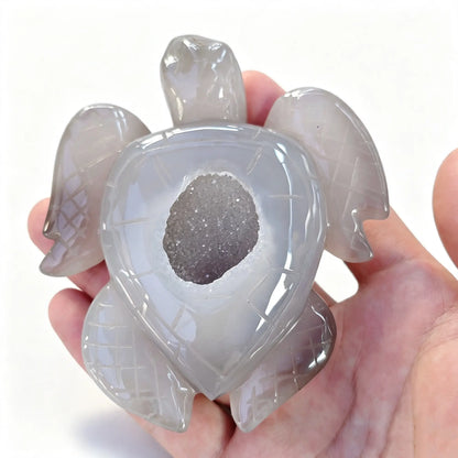 Natural agate geode sea turtle statue showing sparkling crystal druzy center cavity and carved flippers held in hand