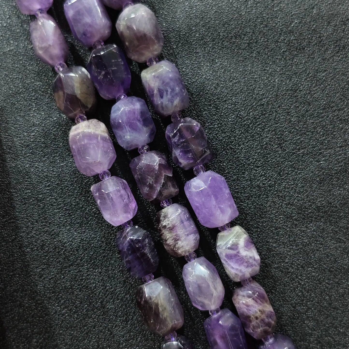 natural amethyst faceted barrel beads chunky purple quartz strand front view