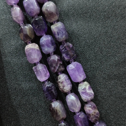 natural amethyst faceted barrel beads chunky purple quartz strand front view