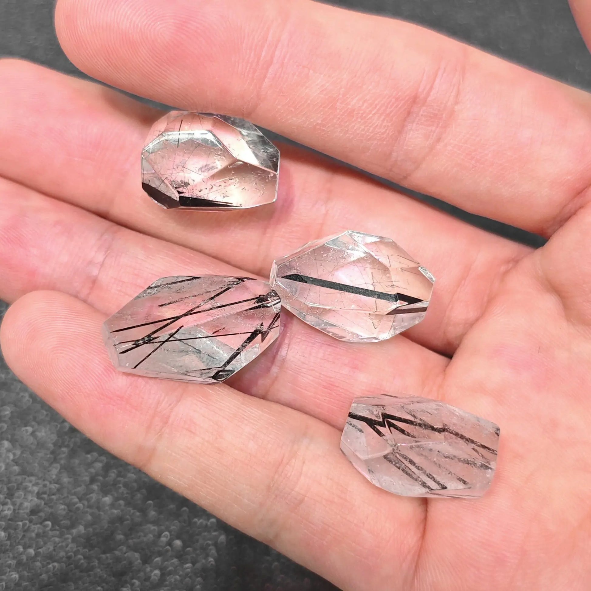 trio of loose 20mm black tourmaline quartz geometric focal beads for artisan jewelry supplies