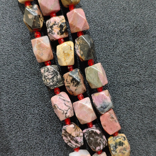 natural black veined rhodonite faceted barrel beads full strand view