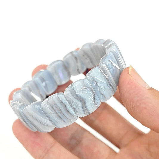 natural blue lace agate bar bracelet displaying soft sky blue rectangular slabs with white lace banding