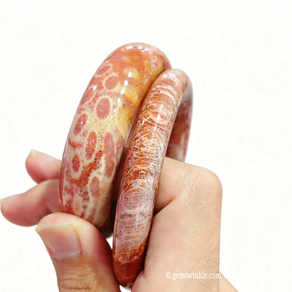 Two natural fossil coral agate bangles showing polished organic flower inclusions