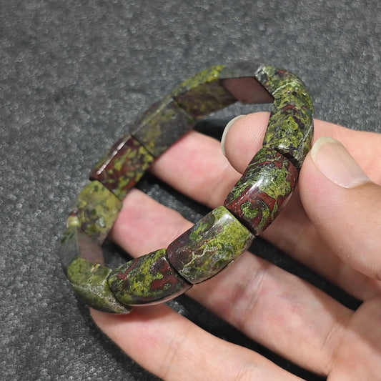 natural dragon blood stone cylinder bar tile bracelet green red jasper front view
