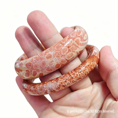 Angled view of two natural fossil coral agate bangles held together for boutique inventory selection