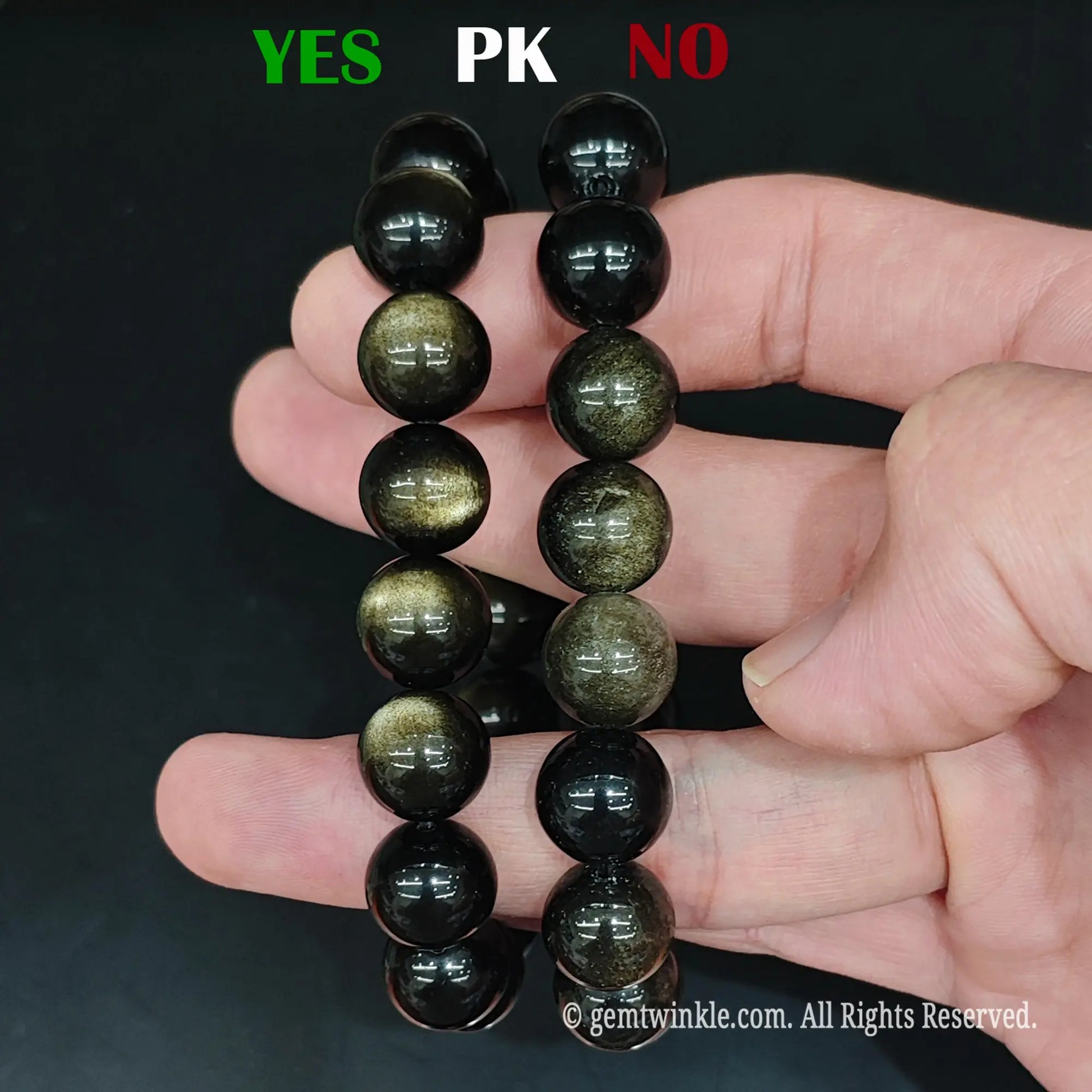 Natural gold obsidian beads quality comparison showing high sheen vs standard grade under studio light