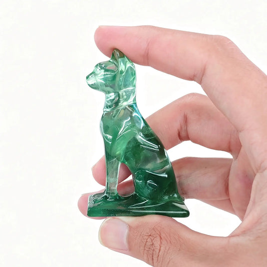natural green fluorite egyptian bastet cat statue showing tall upright feline profile and translucent green clarity