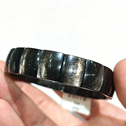 natural hypersthene bangle bracelet featuring 14x11mm bar beads with intense golden silver schiller sheen