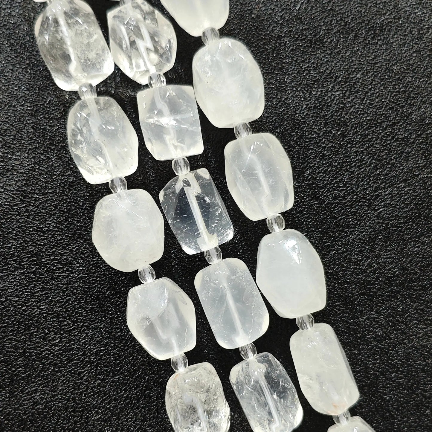 natural milky clear quartz faceted barrel beads full strand overview